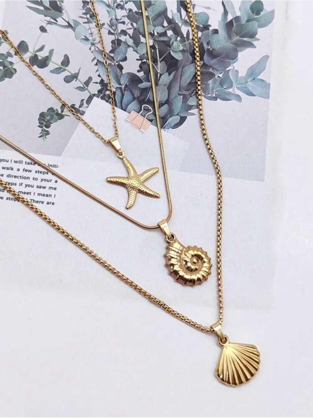 Stainless Steel Gold Layered Seashell & Starfish Pendant Necklace Set - Picture 2 of 7